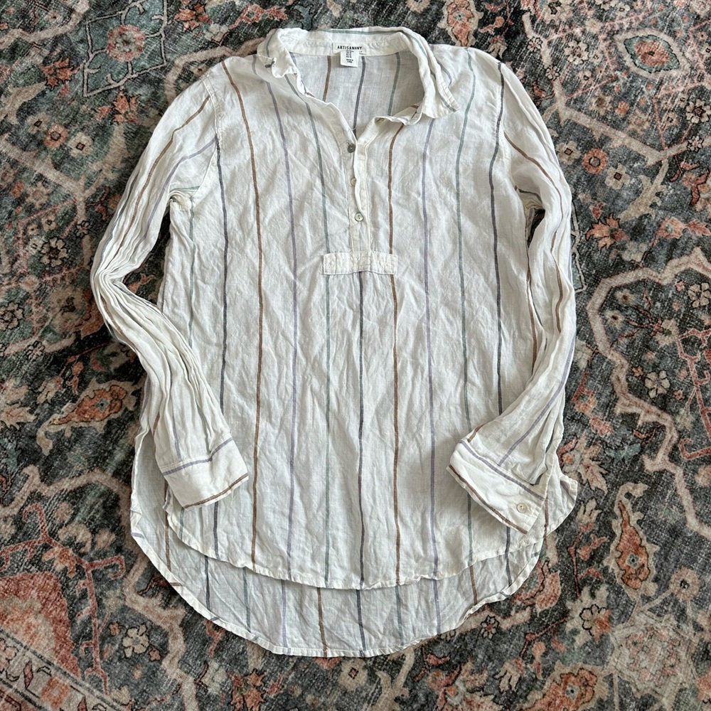 100% Linen Popover Shirt Striped Neutrals Cottagecore Indie Granola Modern Folk